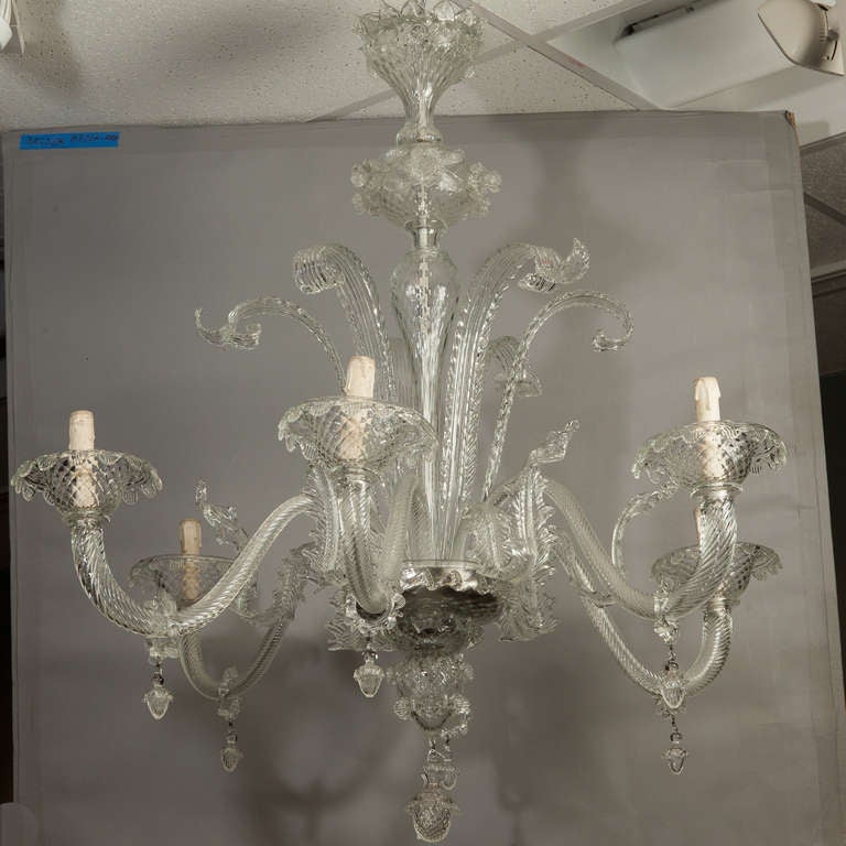 Large Six Light Clear Venetian Glass Leaf Form Chandelier