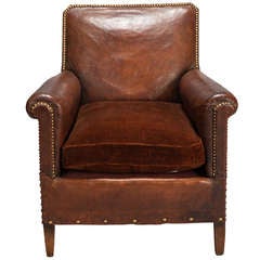 French Art Deco Leather and Velvet Club Chair