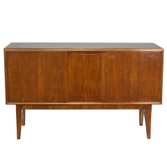 Mid Century Walnut Console with Black Glass Top