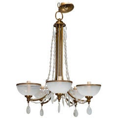 Antique French Five Light Opaline Glass and Brass Chandelier