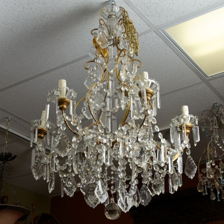 French Six-Light Brass and Crystal Chandelier