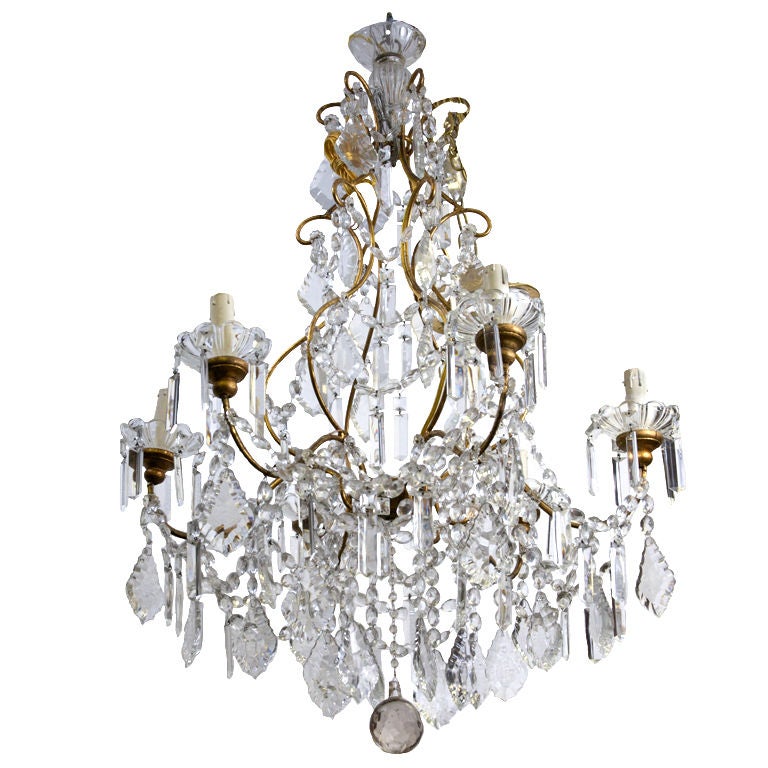Six-Light Brass and Crystal Chandelier