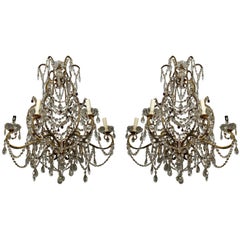Pair French Crystal and Brass Chandeliers
