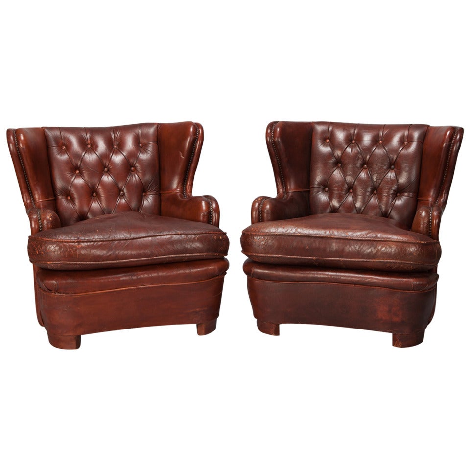 Pair Art Deco Tufted Wingback Leather Club Chairs