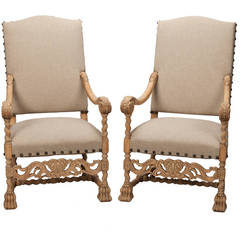 Italian HIghly Carved Bleached Throne Chairs With Claw Feet and Scrolled Arms