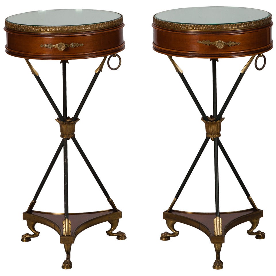 Pair French Neoclassical Round Mirror Top and Arrow Base Side Tables