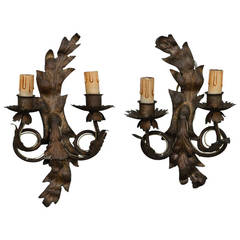 Pair Two Light Leaf Form Bronze Color Tole Sconces