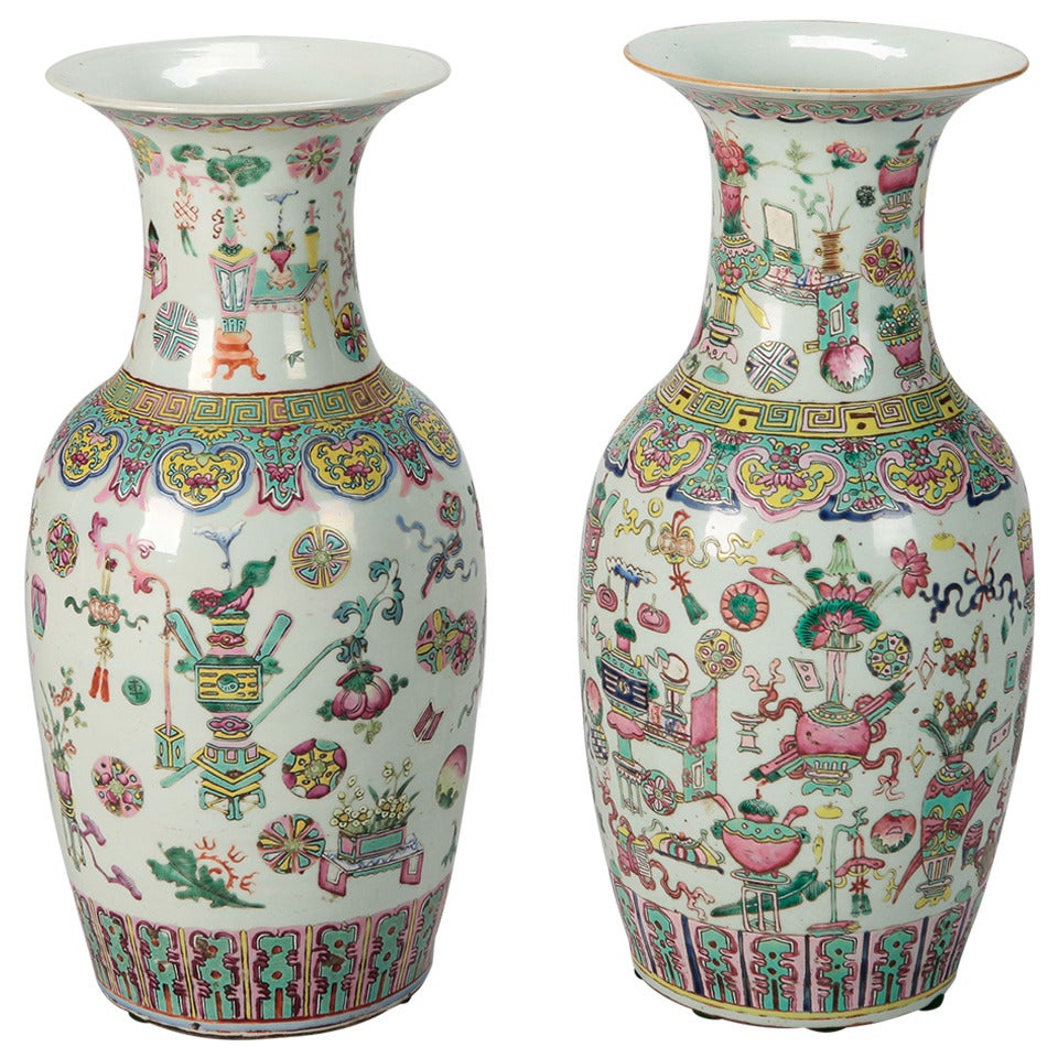 Pair Tall Cantonese Style Vases