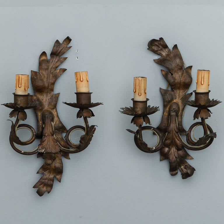 Pair Two Light Leaf Form Bronze Color Tole Sconces