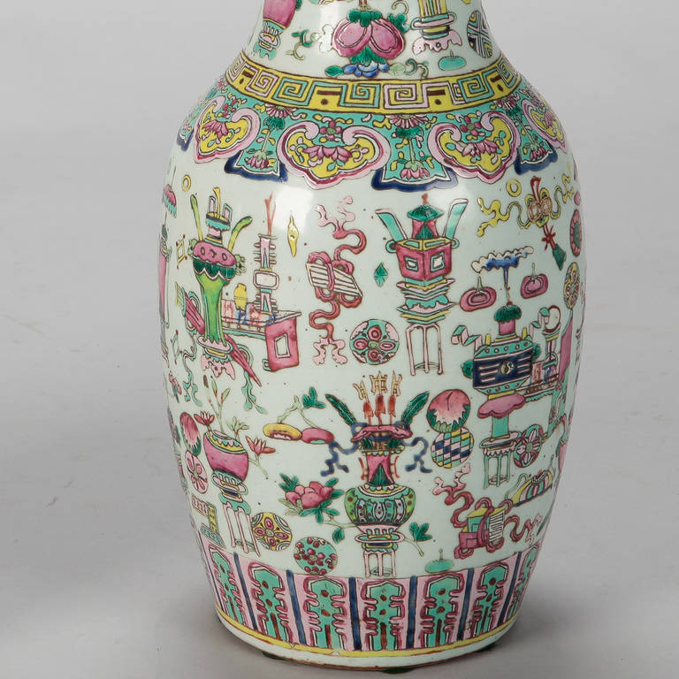 Chinese Pair Tall Cantonese Style Vases