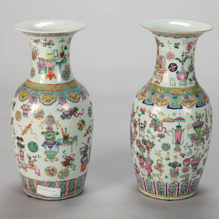 Mid-20th Century Pair Tall Cantonese Style Vases