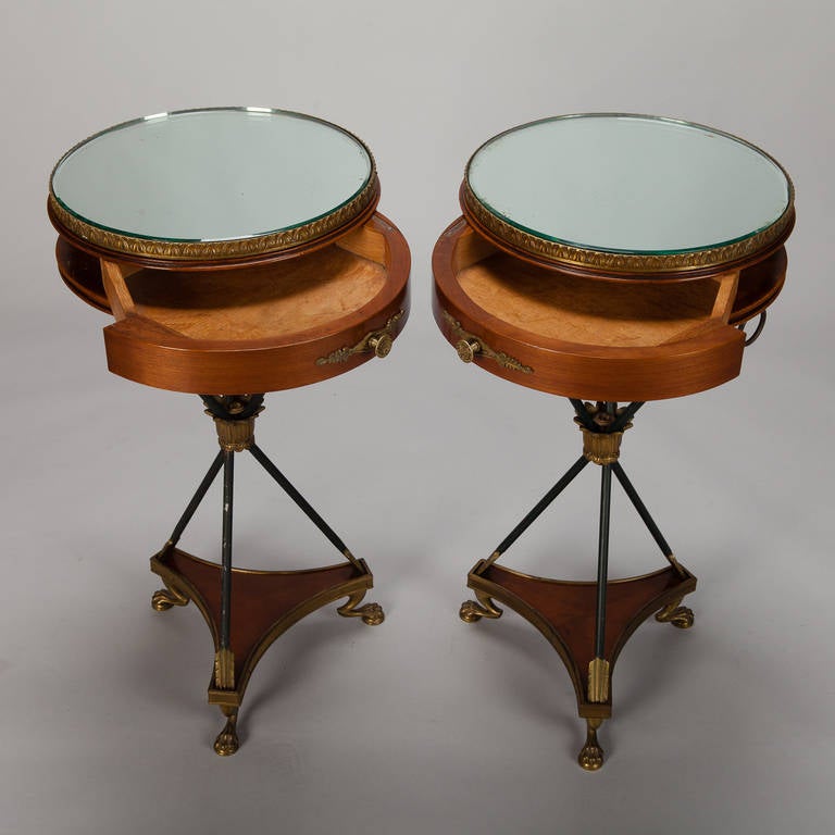 Pair French Neoclassical Round Mirror Top and Arrow Base Side Tables 1