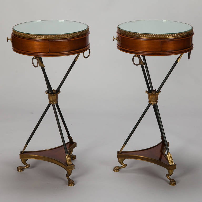Pair French Neoclassical Round Mirror Top and Arrow Base Side Tables 3