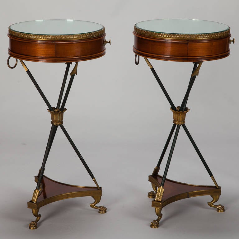 Pair French Neoclassical Round Mirror Top and Arrow Base Side Tables 4