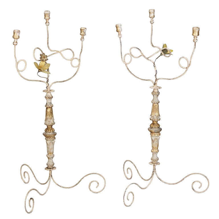 Pair Tall Three-Light Italian Candelabra with Antique Elements