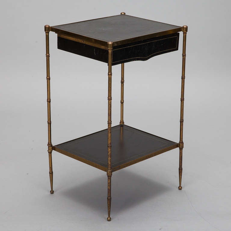 Brass Faux Bamboo and Black Leather Side Table