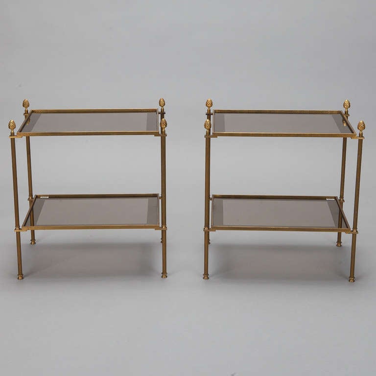 Pair Neo Classical Brass and Glass Two Tier Side Tables