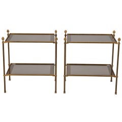 Pair Neo Classical Brass and Glass Two Tier Side Tables