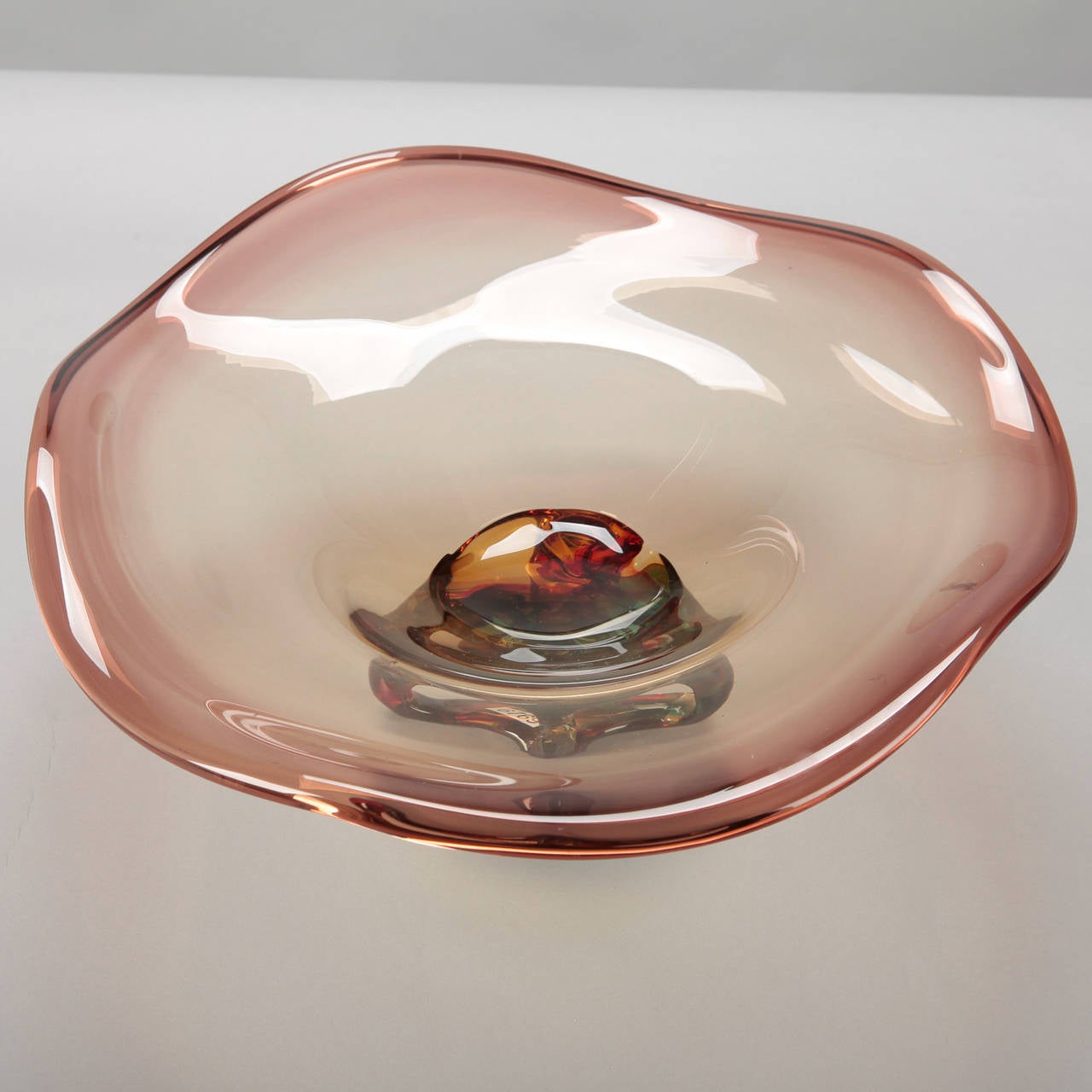 Mid Century Murano Glass Fluted Amethyst Bowl with Multi Color Base In Excellent Condition In Troy, MI