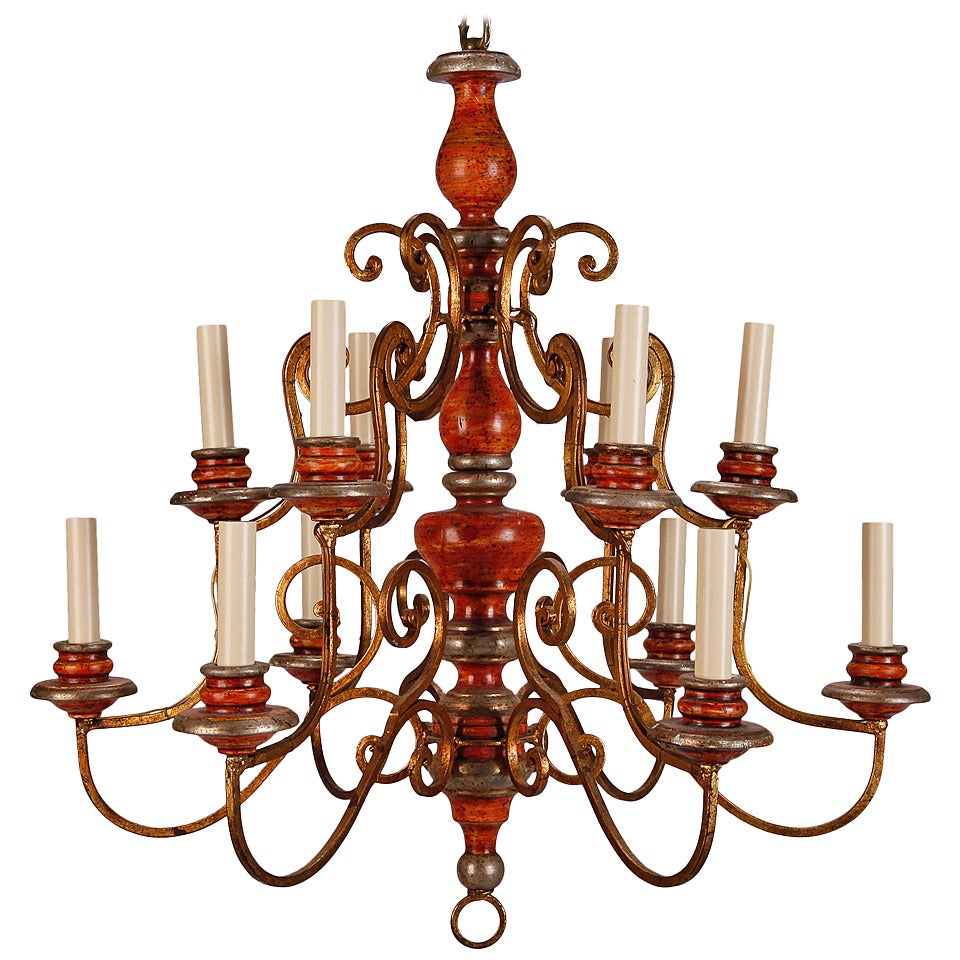 Twelve Light Italian Painted Wood and Scrolled Gilt Metal Chandelier