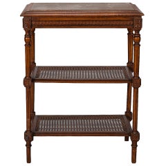 Antique French Tiered Side Table with Marble Top and Caned Shelves
