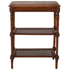 French Tiered Side Table with Marble Top and Caned Shelves 8