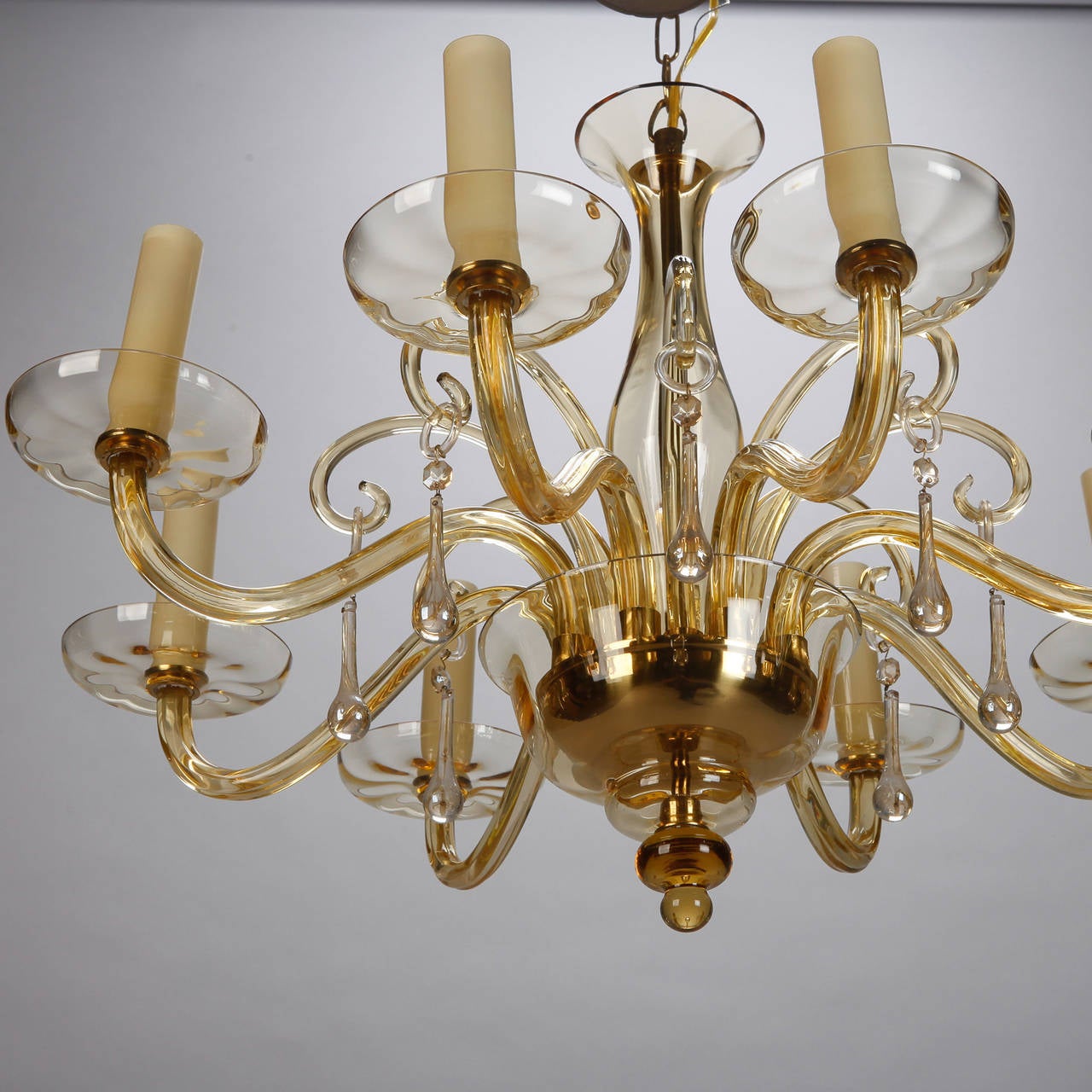 Mid-20th Century Eight Arm Amber Murano Glass Chandelier With Drops