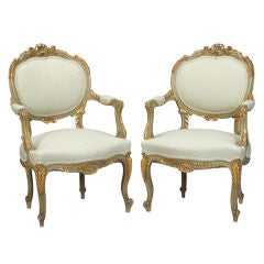 Pair Gilded Louis XV Style Bergeres Arm Chairs Fauteuils