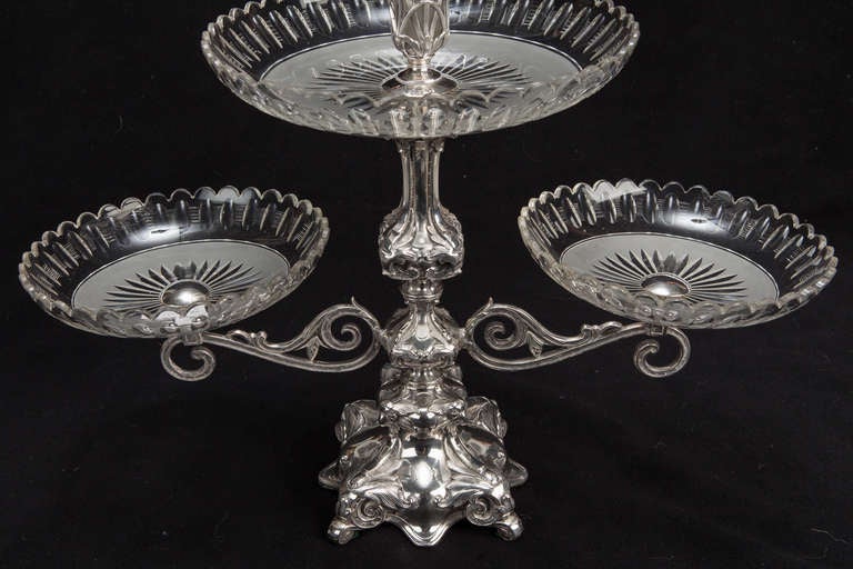 Three Dish Fancy Crystal and Silver Epergne In Excellent Condition In Troy, MI