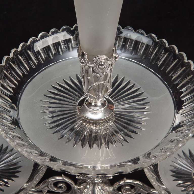 20th Century Three Dish Fancy Crystal and Silver Epergne