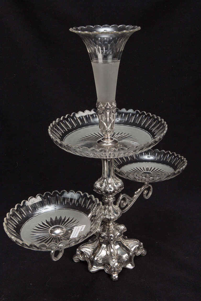 Three Dish Fancy Crystal and Silver Epergne 1