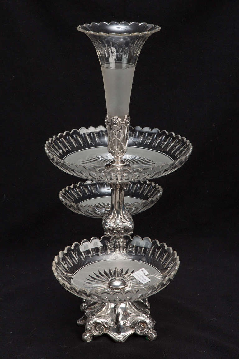 Three Dish Fancy Crystal and Silver Epergne 2