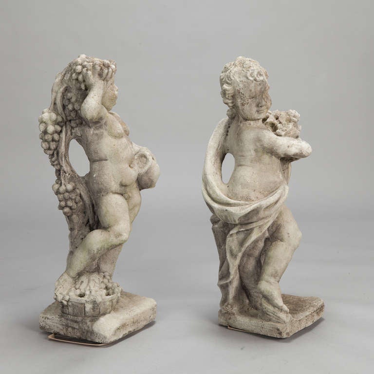 Unknown Pair European Stone Putti Garden Statues