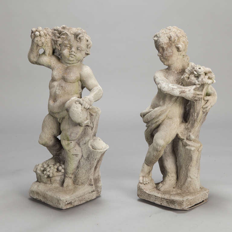 Pair European Stone Putti Garden Statues 1