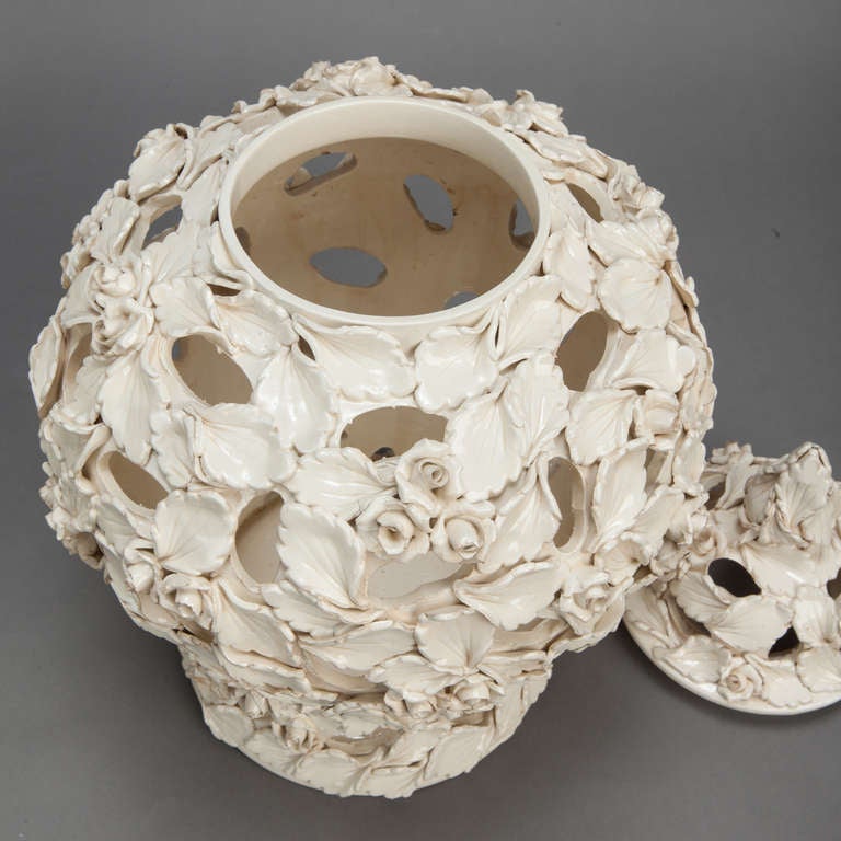 Mid-20th Century Pair Italian Ceramic Reticulated Lidded Mantle Vases