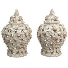 Vintage Pair Italian Ceramic Reticulated Lidded Mantle Vases