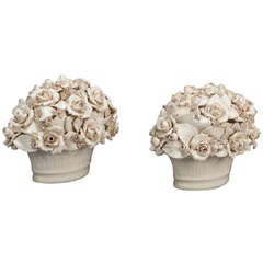 Pair Italian Ceramic Rose Basket Table Garnitures