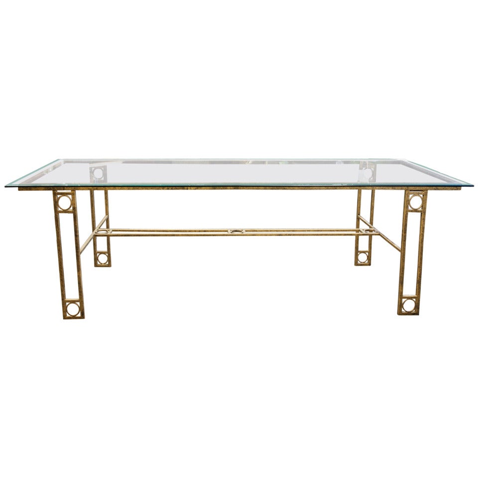 Mid Century Dining Table with Iron Base and Glass Top