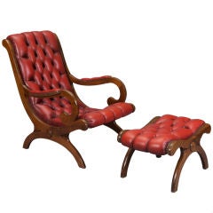 English Red Leather Tufted Library Chair and Ottoman