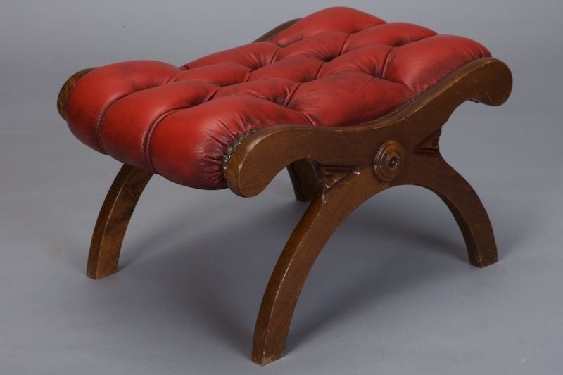 Mid-20th Century English Red Leather Tufted Library Chair and Ottoman
