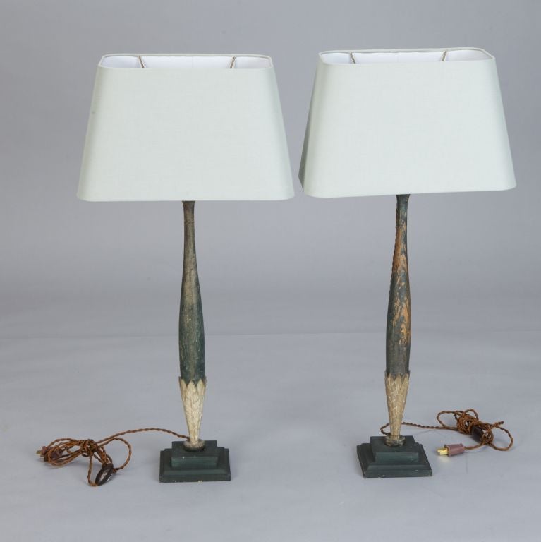 Pair Tall Slender Lamps Made with Antique Wood Fragments