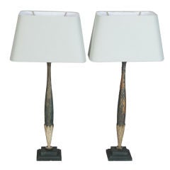 Pair Tall Slender Lamps Made with Antique Wood Fragments