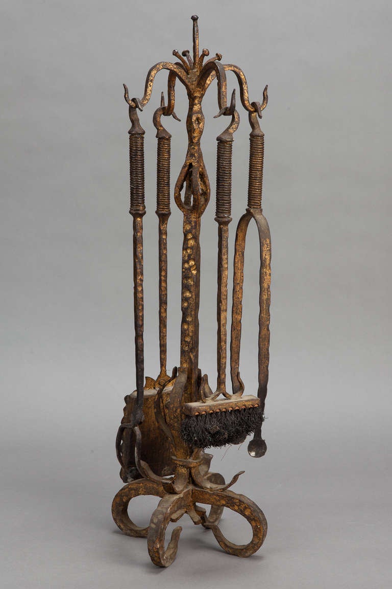 Mid-20th Century French Hand Wrought and Gilded Iron Fireplace Tool Set