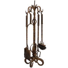 French Hand Wrought and Gilded Iron Fireplace Tool Set