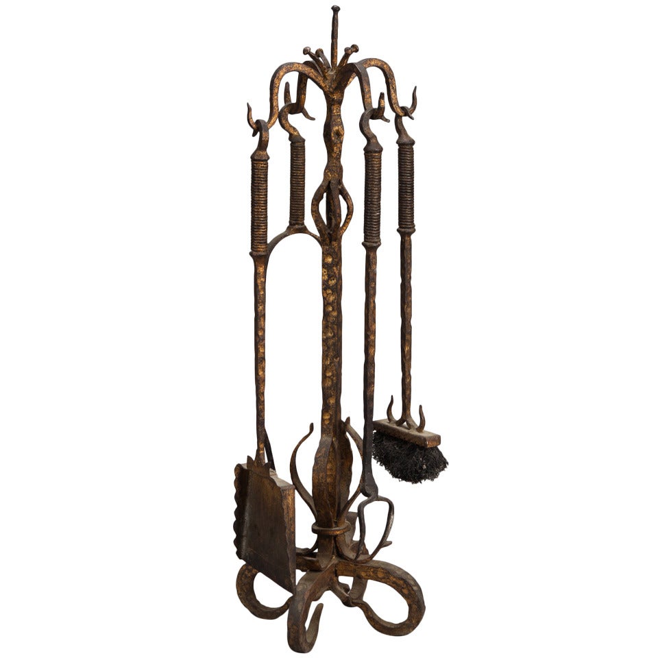 French Hand Wrought and Gilded Iron Fireplace Tool Set