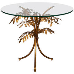 Italian Side Table with Glass Top and Gilded Metal Leaf Base