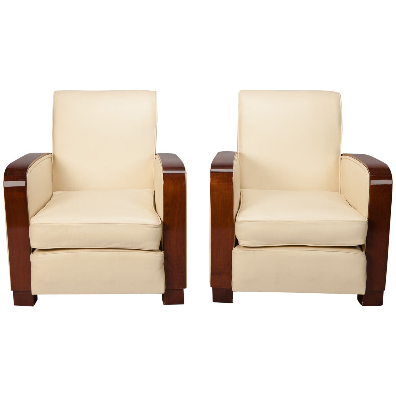 Pair Art Deco Leather Club Chairs With Polished Wood Arms