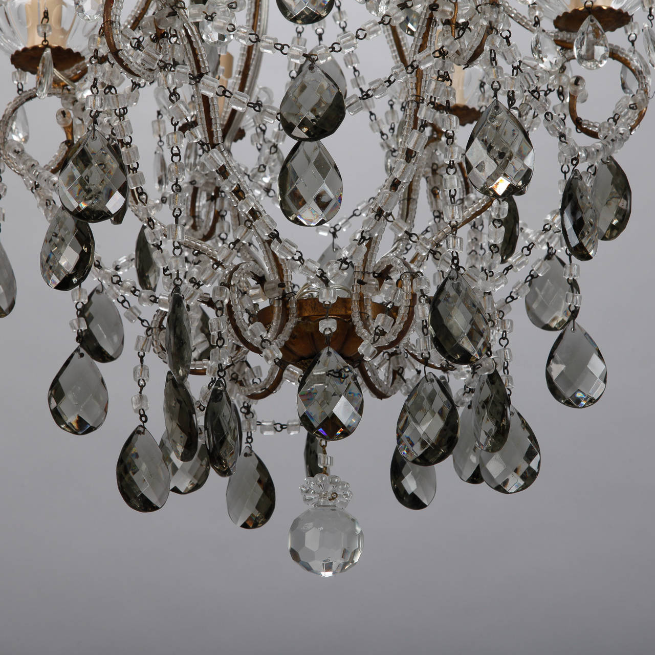 French Six-Light All Crystal Beaded Chandelier with Smoke Color Drops In Excellent Condition In Troy, MI