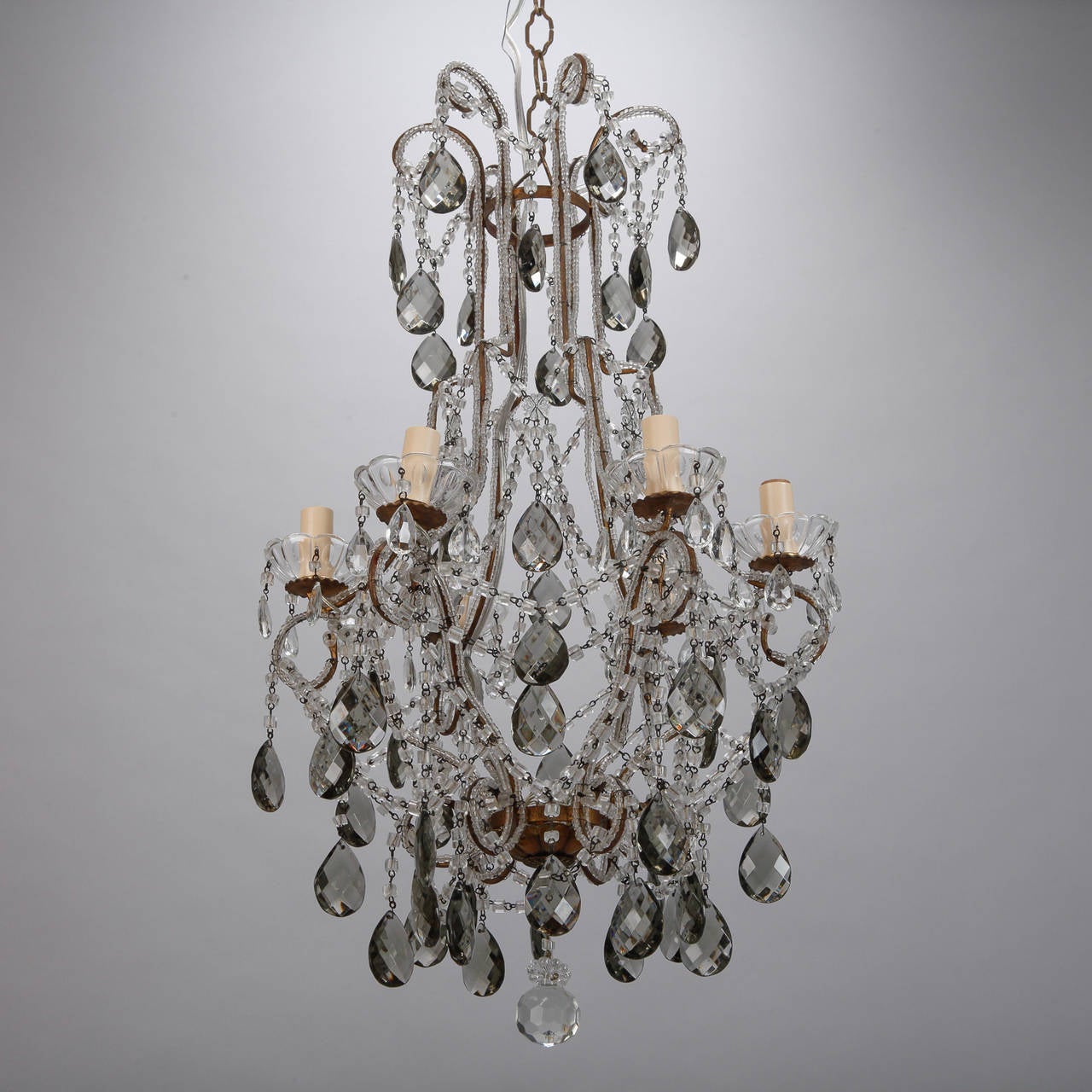Early 20th Century French Six-Light All Crystal Beaded Chandelier with Smoke Color Drops
