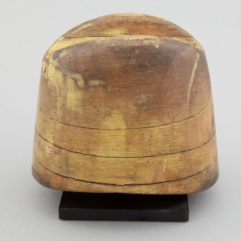 Carved Wooden Hat Mold with Pinched Crown on Stand